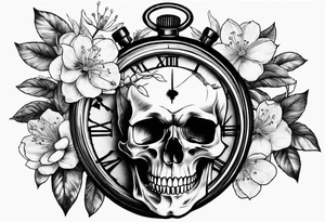 Stopwatch skull and cherry bloom tattoo idea