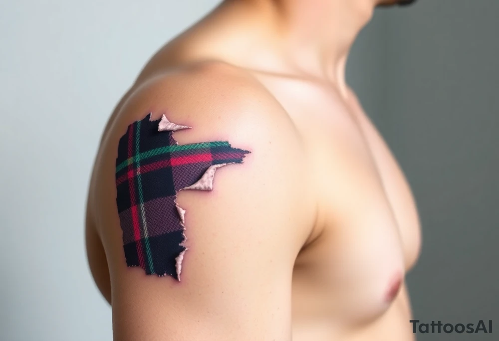 Side of arm Dark Purple with green pink blue and white highlights tartan fabric with skin peeling away at edges tattoo idea
