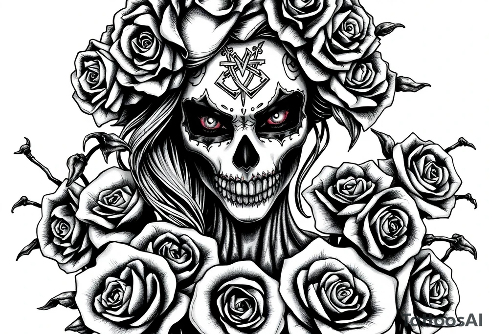 Powerful and evil day of the dead female,  surrounded by unclaimed souls and roses tattoo idea