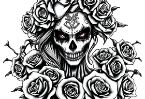 Powerful and evil day of the dead female,  surrounded by unclaimed souls and roses tattoo idea