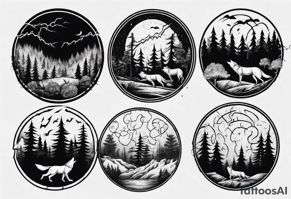 a thunder and lightning storm over a forest with a distant wolf howling and a drum circle tattoo idea