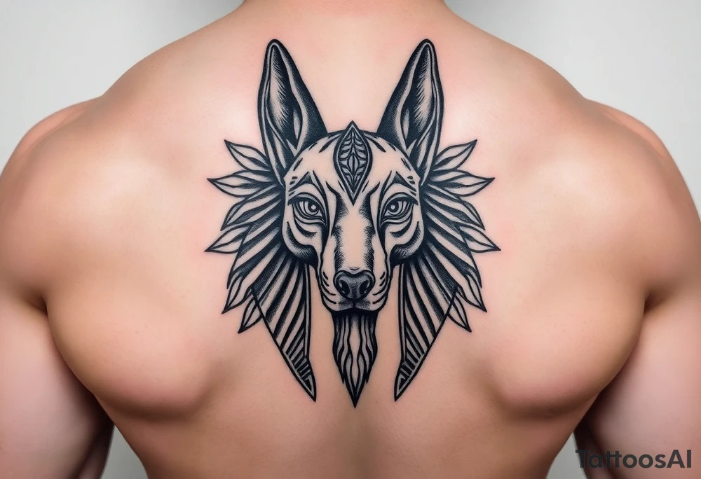 muscle Egyptian Anubis god face in Egypt style dog face surrounded Egyptian symbols tattoo idea