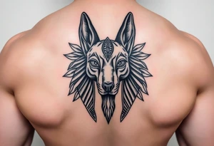 muscle Egyptian Anubis god face in Egypt style dog face surrounded Egyptian symbols tattoo idea