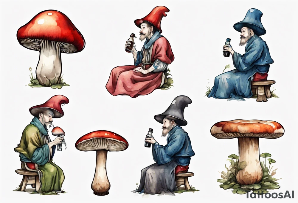 a mushroom wearing medieval clothes sitting on a stool drinking from a bottle tattoo idea