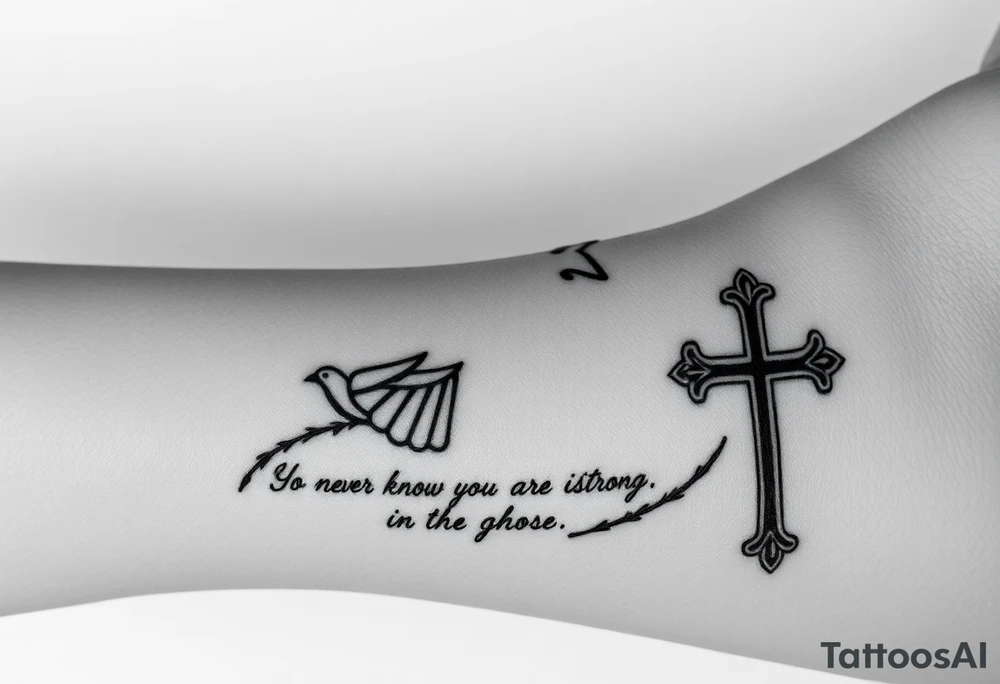 i have a front arm tat with a small dove at the front of the above the wrist and thorns covering through the wrist like a bracelet and prayer beads all throughout the words that say you never know how strong you are until being strong is the only choice you have and a cross on the side of the dove and theres also a dove rat the baxck of thee arm right near the elbow a bigger dove and theres a biggert cross right by that dover too make a tatoo of that and the cross isnt normal its super unique looking and has that cool look too it and detailed tattoo idea