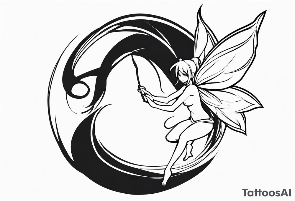 No color sketch of a fairy with a tail inspired by the guild symbol in the anime show called Fairy Tail in a fetal position leaning in and forward while crawled in tattoo idea
