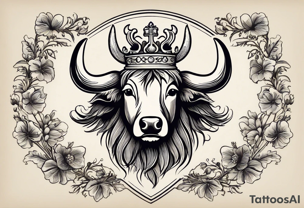 I want to create a tattoo of a personal coat of arms I want to incorporate the highlands as a silhouette and the serenity prayer (highlighting Serenity, Courage, Wisdom) as a scroll at the bottom For the coat of arms, 4 points are music, highland cow, thistle/heather, and border collie head/ears silhouette. I would also like a rosary incorporated tattoo idea