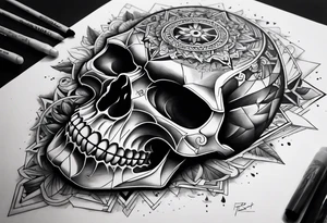 fragmented extreme pain skull elbow on arm tattoo idea