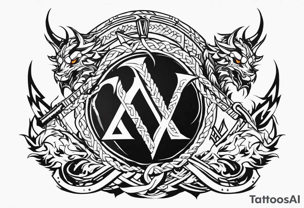 Valhalla sword shield dragon axe Valknut barbed wire chains fire tattoo idea Valhalla sword shield dragon axe Valknut barbed wire chains fire tattoo idea