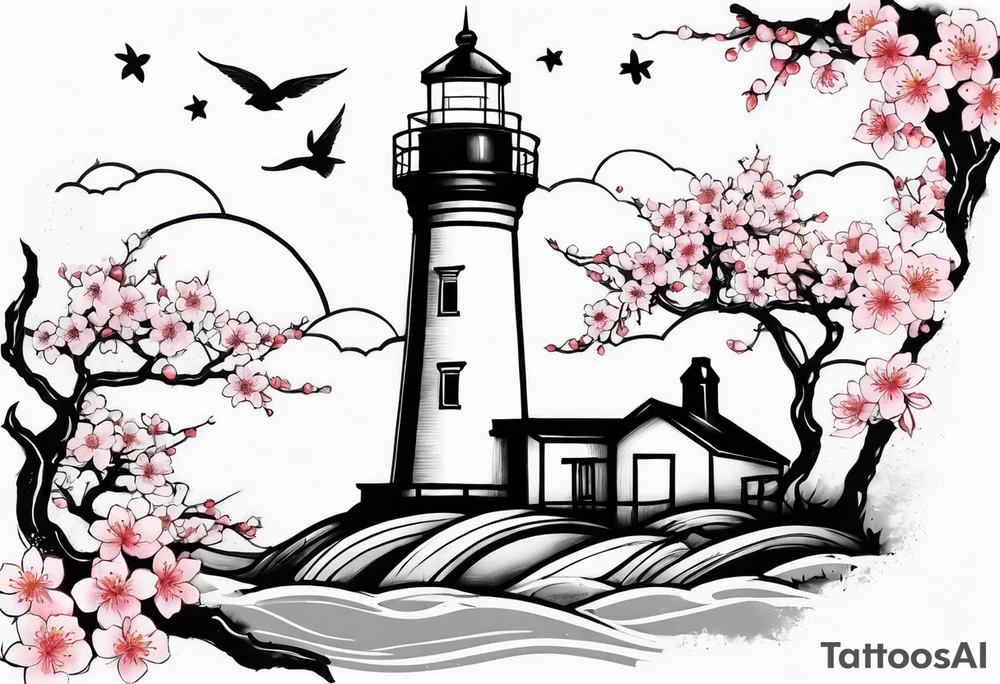 cherry blossom with lighthouse tattoo idea