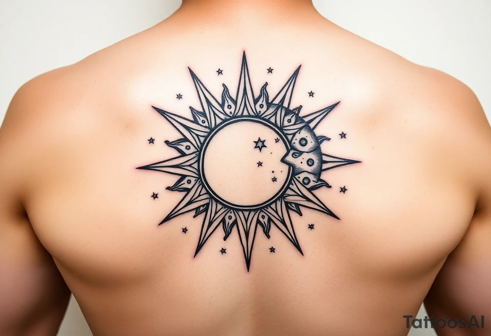 celestial sun and moon embrace with constellation patterns tattoo idea