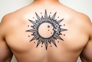celestial sun and moon embrace with constellation patterns tattoo idea