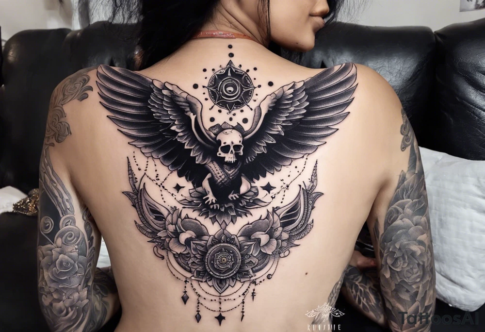 black kali, goddess pirate, alien, angel, pachamama, valkrye, warrior, flying, skull, lotus azul, wing, eagle, zenza resonance, stars, 5D, anahata chakra, death, durga, riding on a tiger, flying lady, kundalini, chest tatoo, rebel tattoo idea