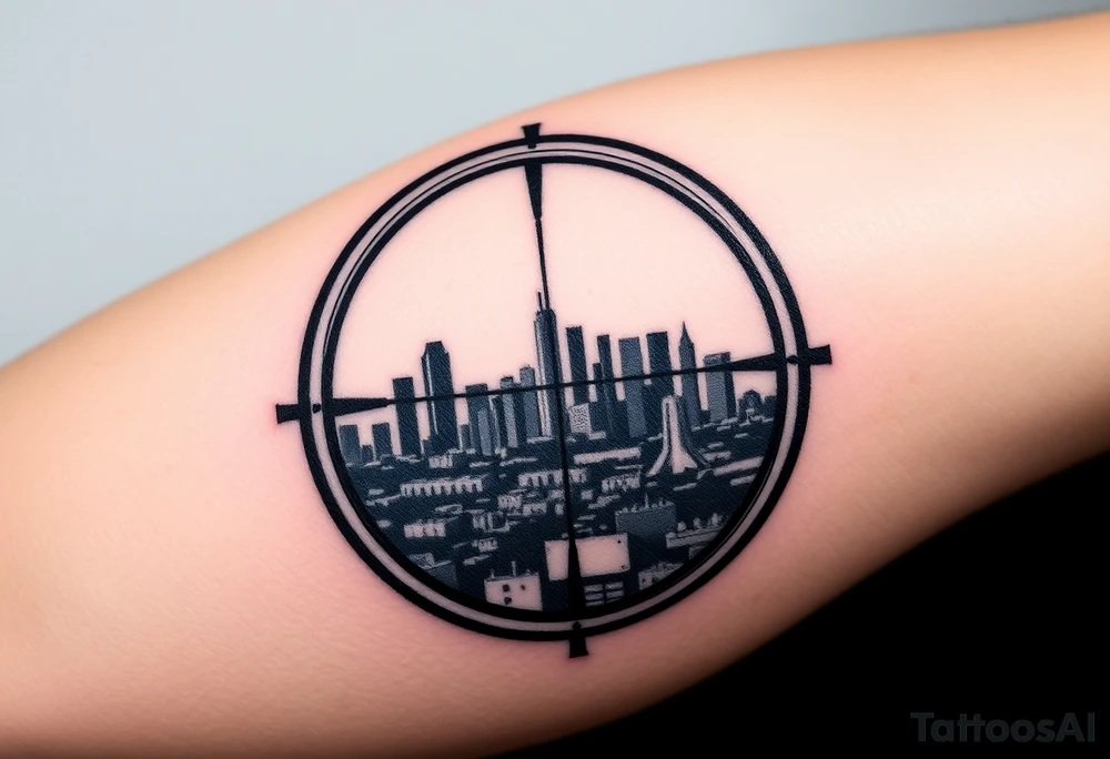 scope crosshairs with eerie Los Angeles city horizon in background tattoo idea