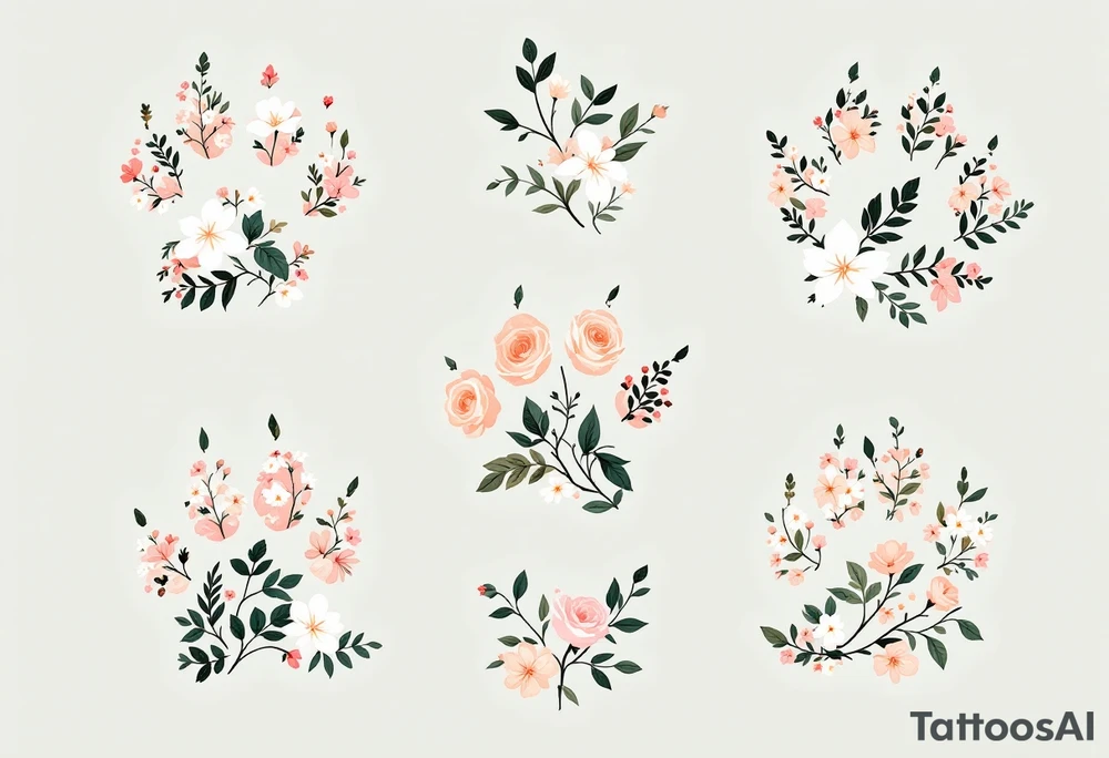 Botanical Paw Prints – Cat paw outlines made up of miniature flowers and leaves in green, rose, and beige tones, combining nature and feline grace. tattoo idea