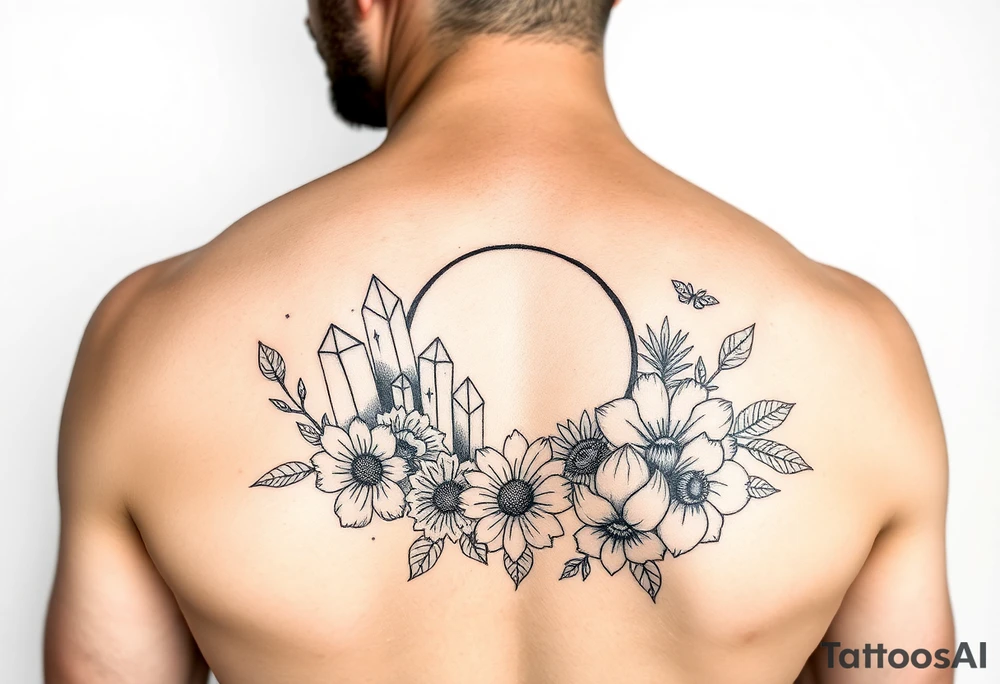 crystals and half
 moon and flowers tattoo idea