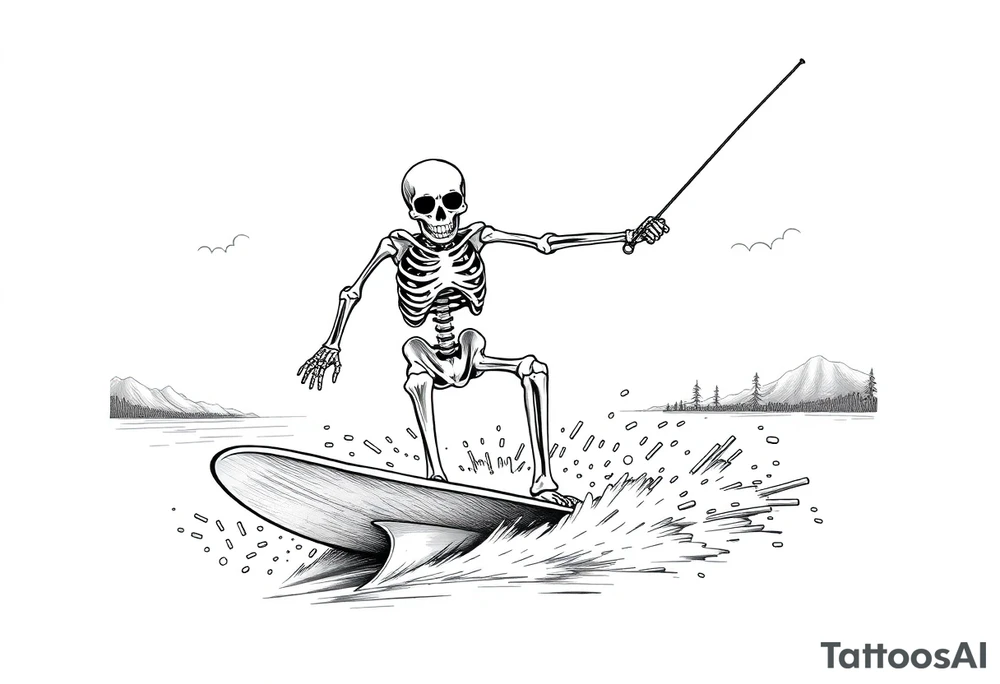 skeleton wakeboarding on lake, holding onto waterspouts rope handle with one hand, mountains in the background tattoo idea