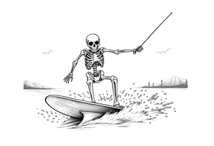 skeleton wakeboarding on lake, holding onto waterspouts rope handle with one hand, mountains in the background tattoo idea