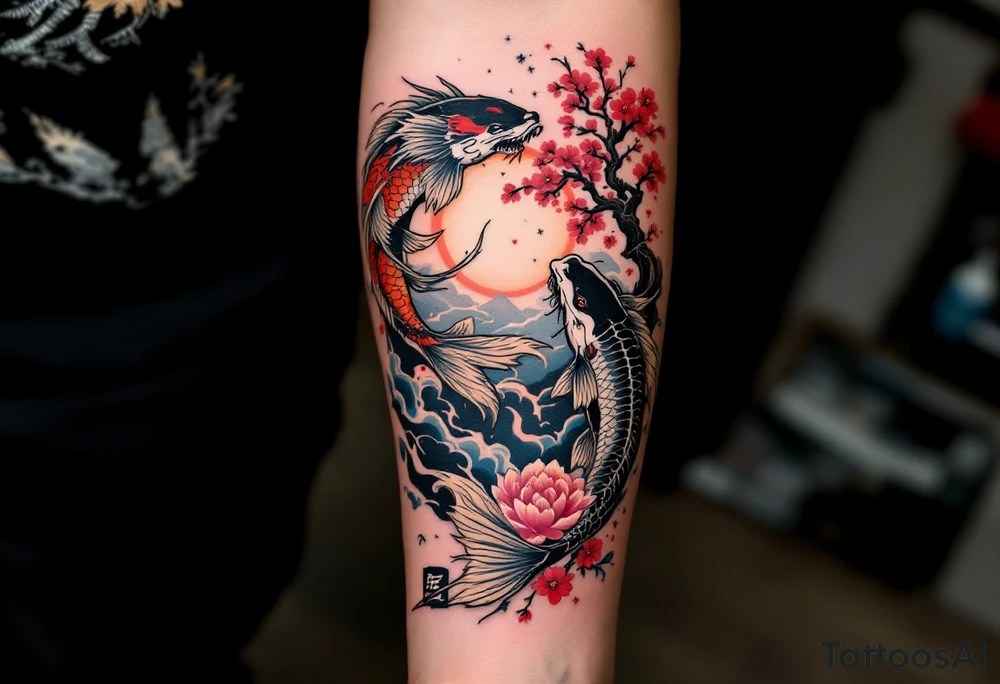 koi fish fighting a dragon in a yin yang format 
with a sakura tree in the background, Japanese inspired piece tattoo idea