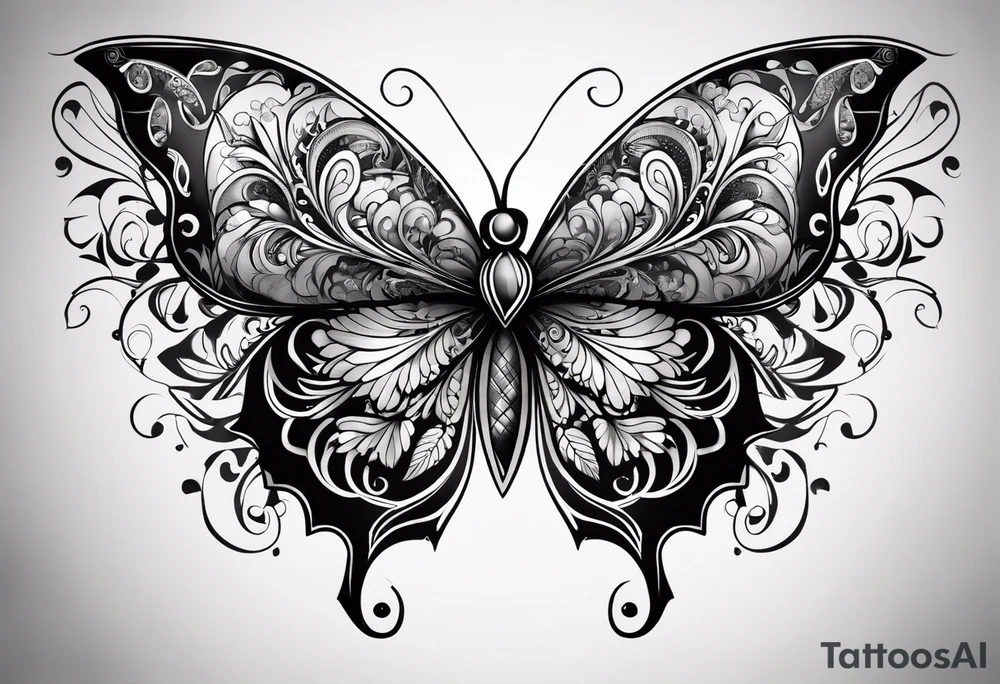 Dark ornamental, borboleta abstrata com uma adaga vertical centralizada no meio da horboleta tattoo idea