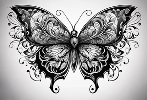Dark ornamental, borboleta abstrata com uma adaga vertical centralizada no meio da horboleta tattoo idea