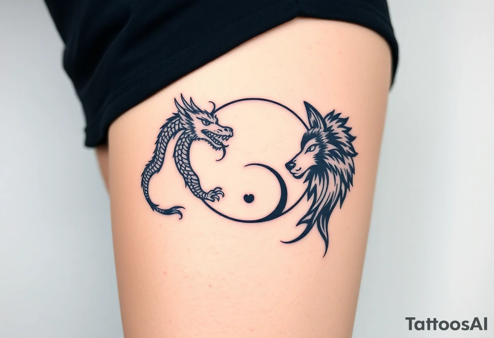 Ying yang symbol with one side a dragon and one side a wolf tattoo idea