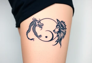 Ying yang symbol with one side a dragon and one side a wolf tattoo idea