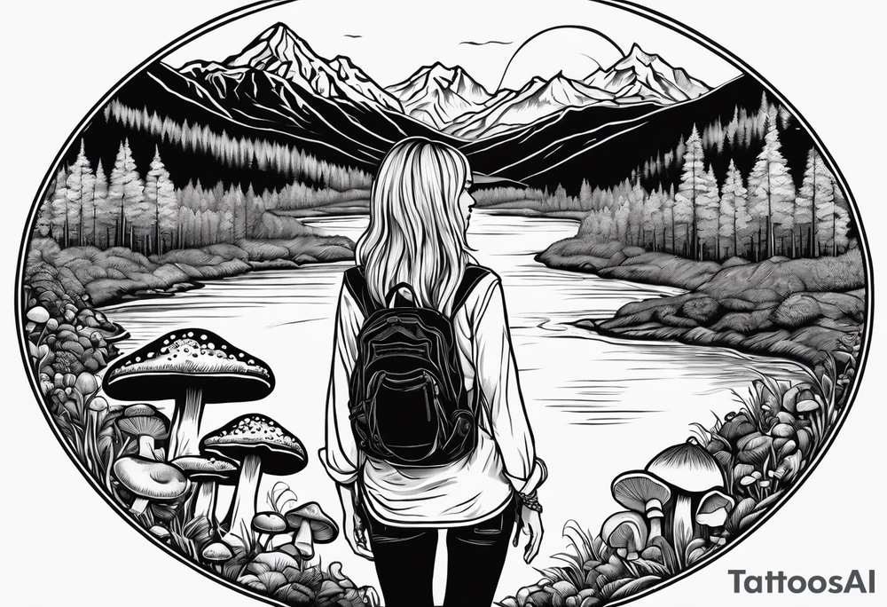Whole picture encircled fully

Straight long blonde hair hippie girl in distance holding mushrooms in hand facing away toward mountains and creek surrounded by mushrooms long sleeve shirt and hiking pants; whole rendering within a full circle, no cut off circle tattoo idea