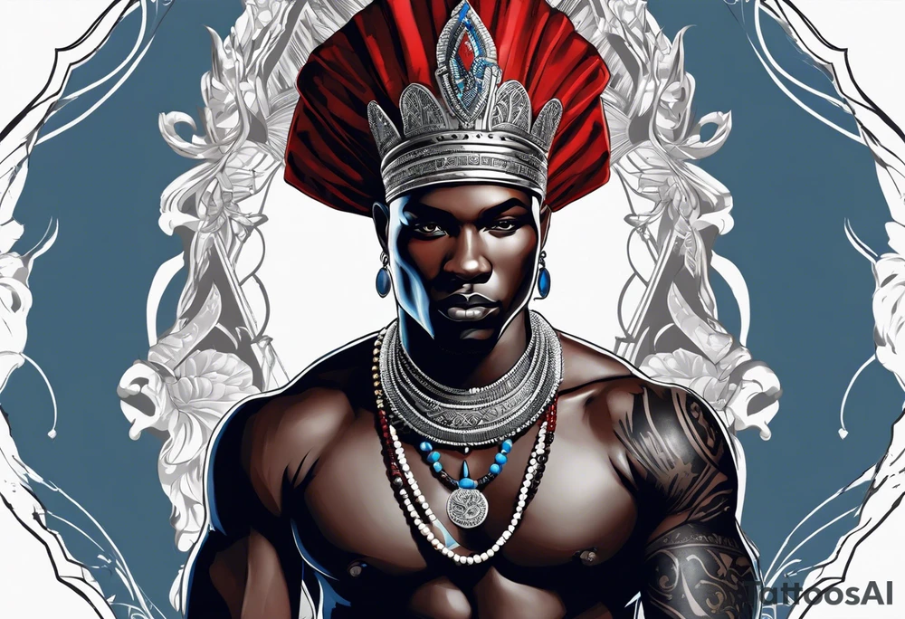 Black-skinned bald african warrior. He has a silver crown. He wears two simple necklaces: one blue, other red. Looking front tattoo idea