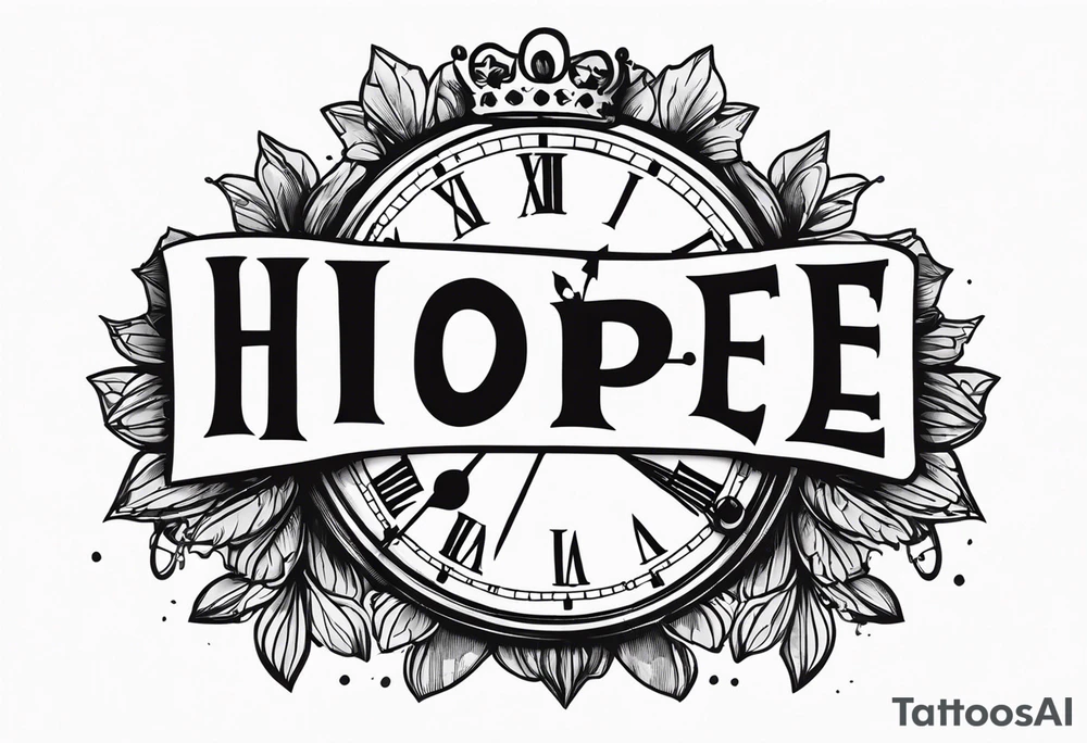 HOPE lettering, broken clock, king crown incorporated within letters tattoo idea