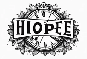 HOPE lettering, broken clock, king crown incorporated within letters tattoo idea