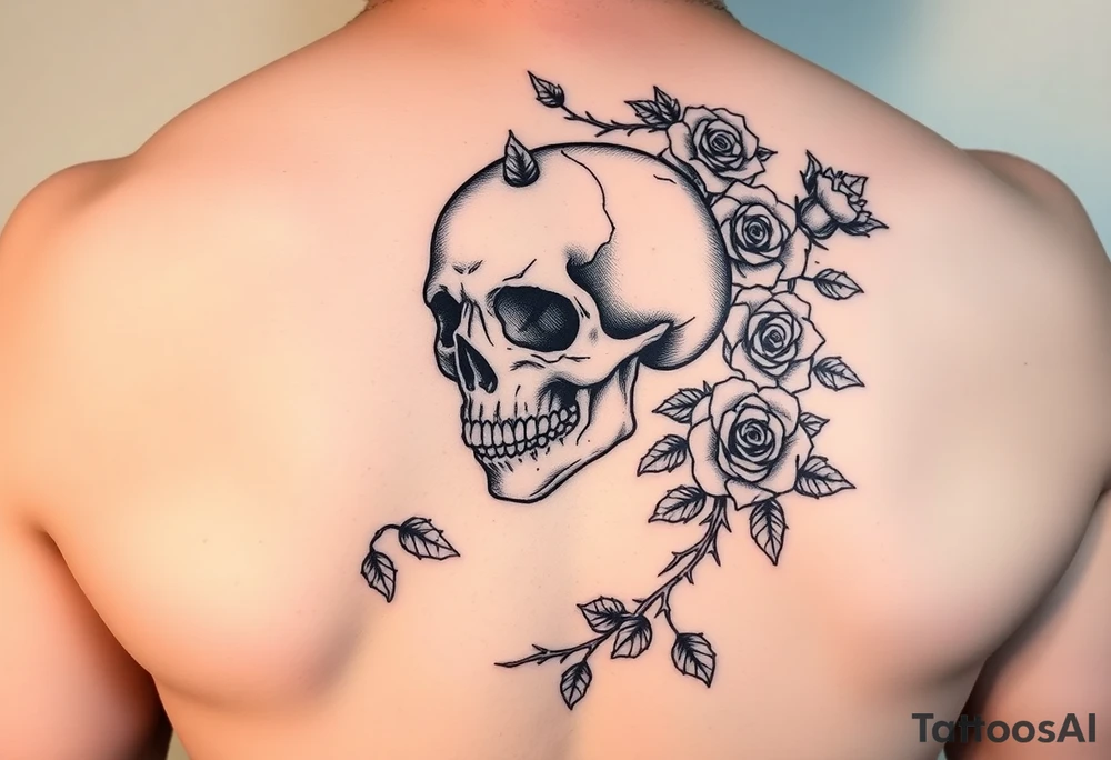 gothic skull intertwined with climbing roses and thorny vines tattoo idea