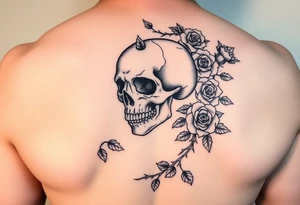 gothic skull intertwined with climbing roses and thorny vines tattoo idea