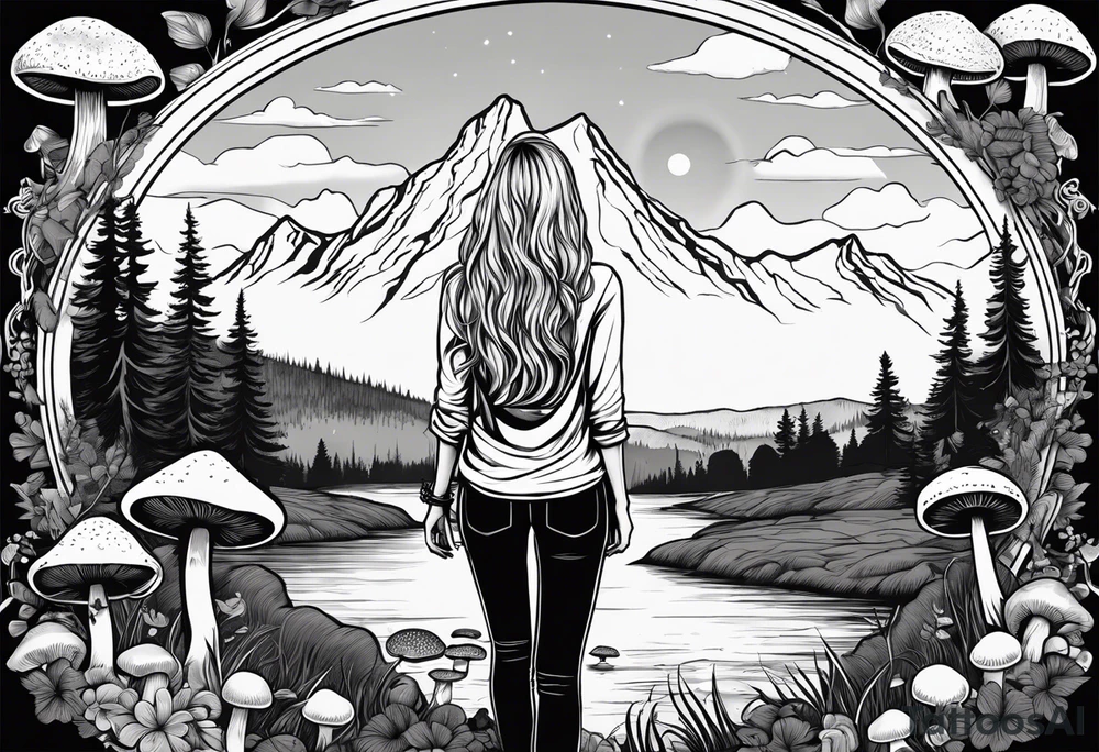 Whole picture encircled fully

Straight long blonde hair hippie girl in distance holding mushrooms in hand facing away toward mountains and creek surrounded by mushrooms long sleeve shirt and hiking pants; whole rendering within a full circle, no cut off circle tattoo idea
