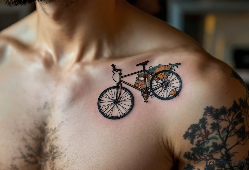 A bicycle with a world map pattern on the frame, in earthy tones like beige, brown, and green, symbolizing global exploration and wanderlust. tattoo idea