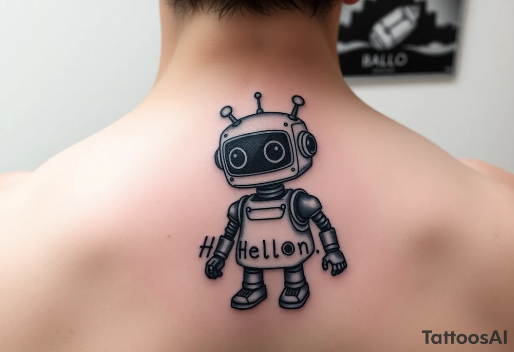 Tattoo of a cute robot with the text 'Hello, World!' tattoo idea
