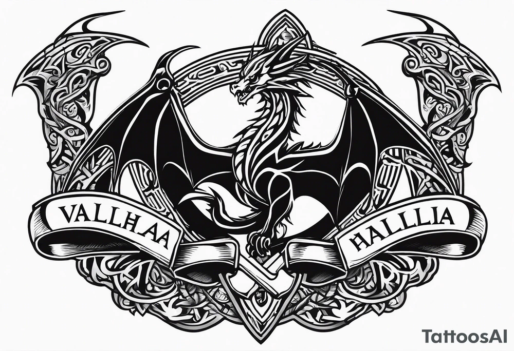 Valhalla sword shield dragon axe tattoo idea