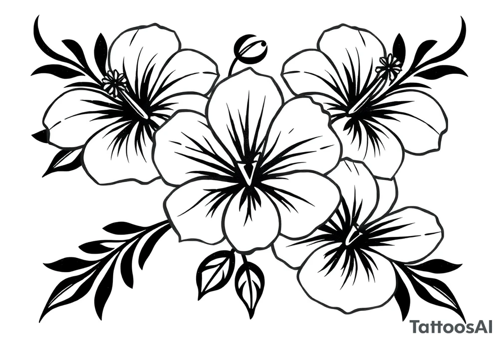 3 Tribal designed Hibiscus flowers with the work “waloy” over them and the letters “svs” within the tribal flowers with each letters on each flowers tattoo idea