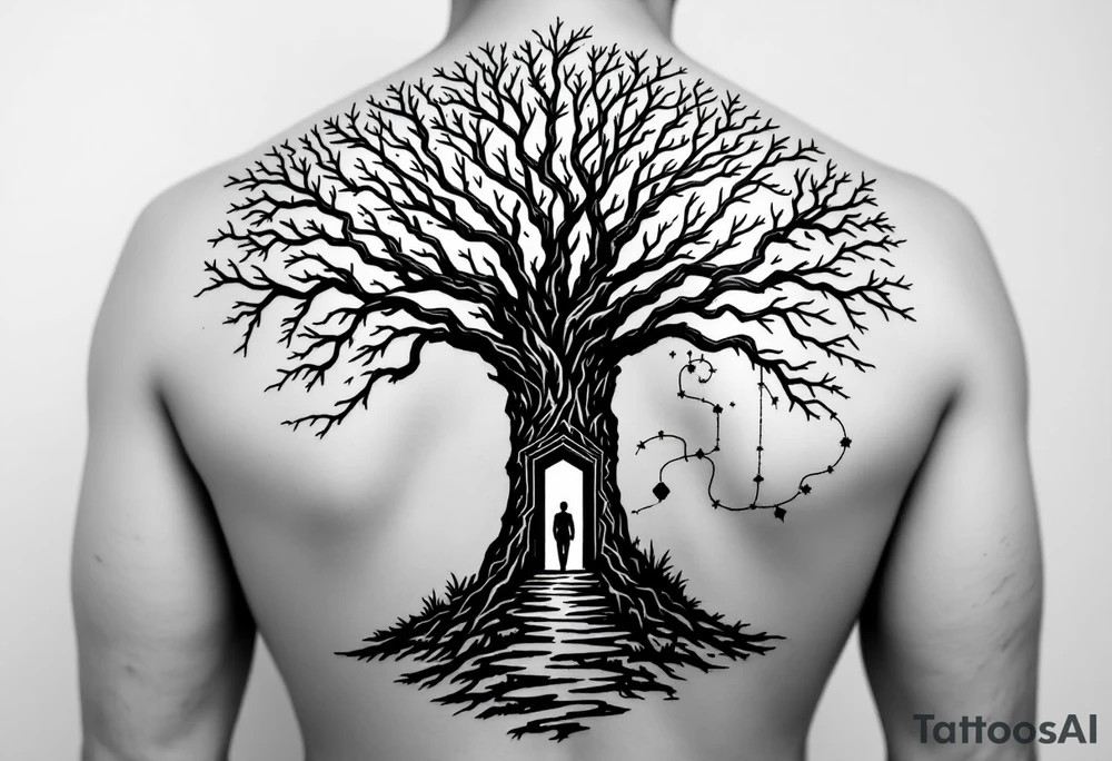 Back tattoo of a big tree with a door and a man walking through the door. On the right side draw lines that look like a treasure map connecting to the tree tattoo idea