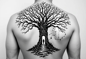 Back tattoo of a big tree with a door and a man walking through the door. On the right side draw lines that look like a treasure map connecting to the tree tattoo idea