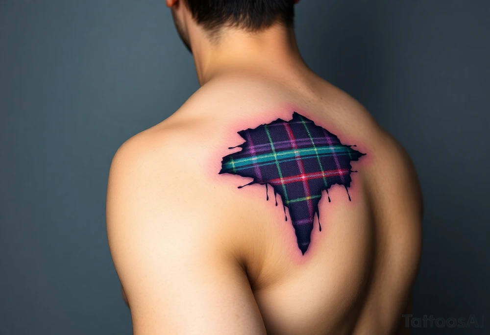 Dark Purple with green pink blue and white highlights tartan fabric on bicep with skin ripping away to reveal tartan underneath tattoo idea