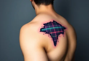 Dark Purple with green pink blue and white highlights tartan fabric on bicep with skin ripping away to reveal tartan underneath tattoo idea