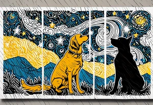 Me and my 3 dogs as silhouettes looking up at a night sky with galaxies comets and other space elements in the style of Van Gogh Starry Night. Must fit on an upper arm. tattoo idea
