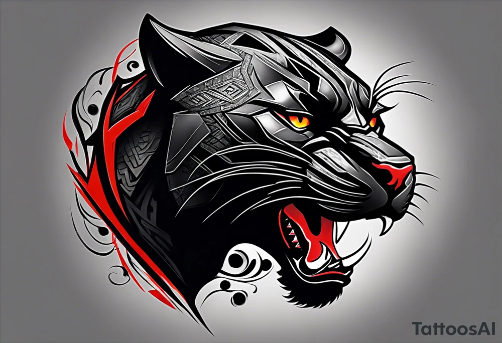 unique black panther tattoo, dynamic pose, showcasing its strength and grace, striking red eyes, intense and captivating elements, artistic flair, blending realism with abstract elements tattoo idea
