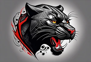 unique black panther tattoo, dynamic pose, showcasing its strength and grace, striking red eyes, intense and captivating elements, artistic flair, blending realism with abstract elements tattoo idea