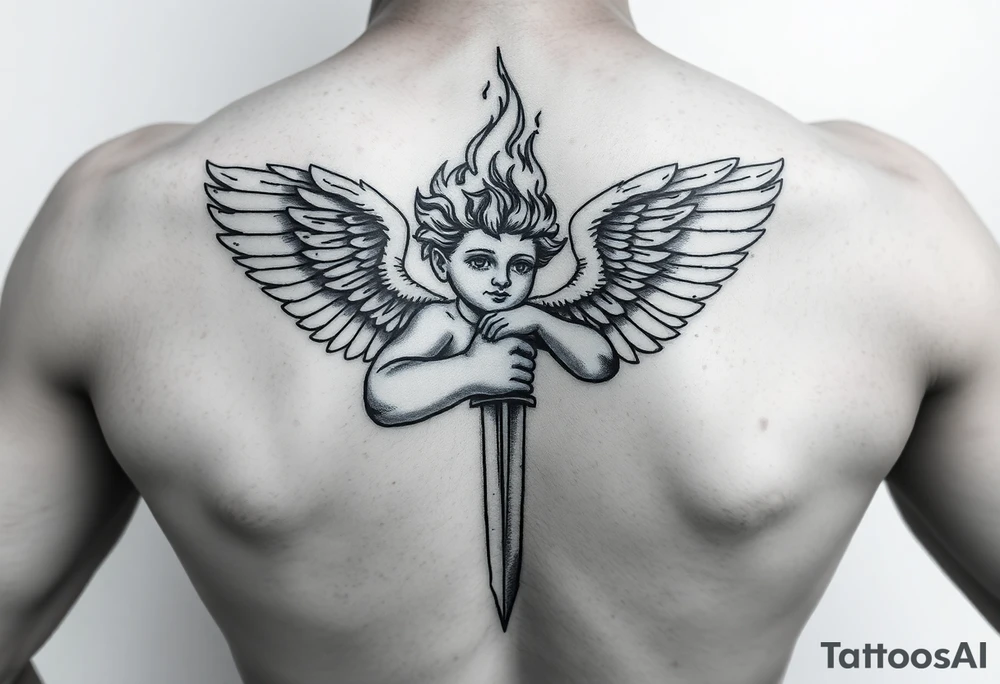 Cherub with flaming sword hand tattoo tattoo idea