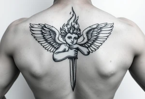 Cherub with flaming sword hand tattoo tattoo idea