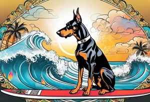 doberman smoking a cigar on a surfboard with a goat with larger horns tattoo idea