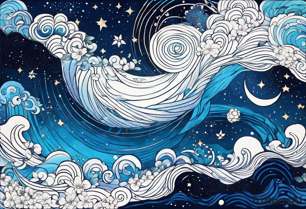 I want a Galaxy spyral tattoo the ones that look like an s shape because they are spinning so fast I want it in all blue but different shades of blue and it will be on my ass cheek so make it cute and conples and very aesthetic tattoo idea