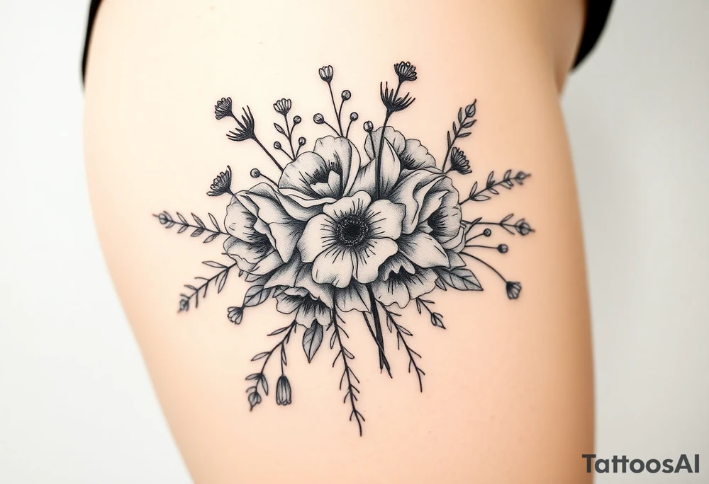 vintage bouquet of wild roses and meadow flowers with morning dew tattoo idea